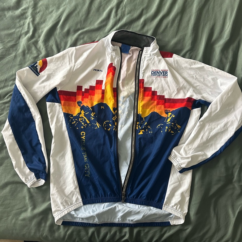 White and Blue Denver Century Cycling Jacket with Rainbow Stripes